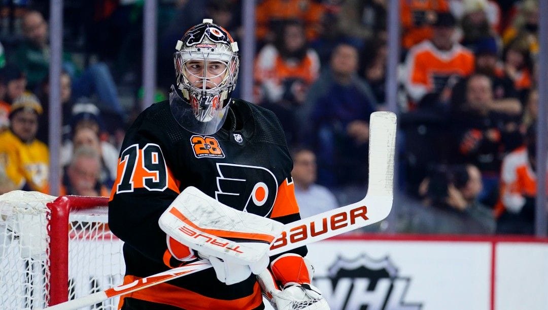 Philadelphia Flyers' Carter Hart plays during an NHL hockey game, Thursday, March 17, 2022, in Philadelphia.