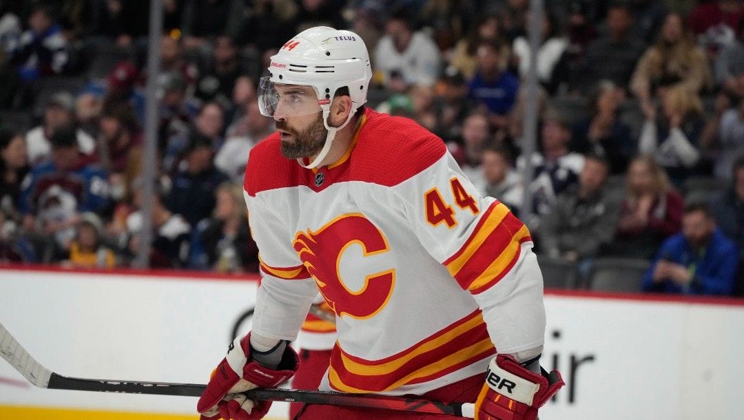 Calgary Flames defenseman Erik Gudbranson (44) in the first period of an NHL hockey game Sunday, March 13, 2022, in Denver.