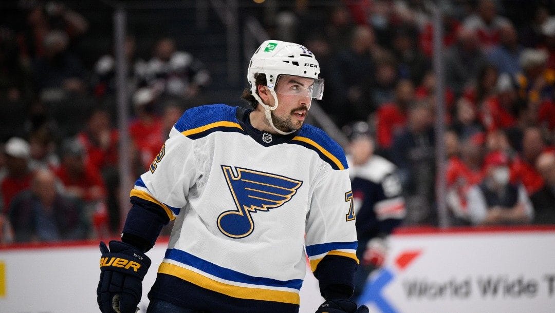 St. Louis Blues defenseman Justin Faulk (72) in action during the first period of an NHL hockey game against the Washington Capitals, Tuesday, March 22, 2022, in Washington.