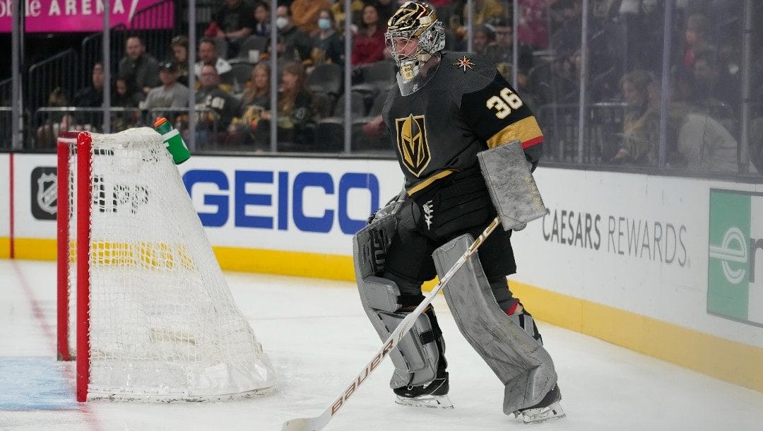 Vegas Golden Knights goaltender Logan Thompson (36) plays against the Los Angeles Kings in an NHL hockey game Saturday, March 19, 2022, in Las Vegas.