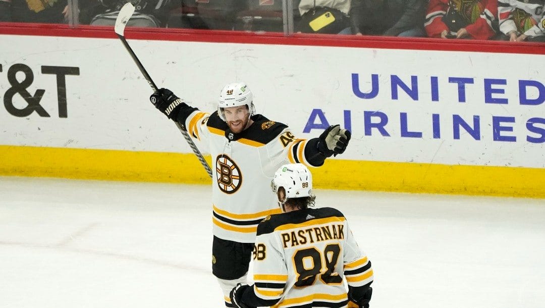 Boston Bruins' Matt Grzelcyk celebrates his overtime goal against the Chicago Blackhawks with David Pastrnak in an NHL hockey game Tuesday.