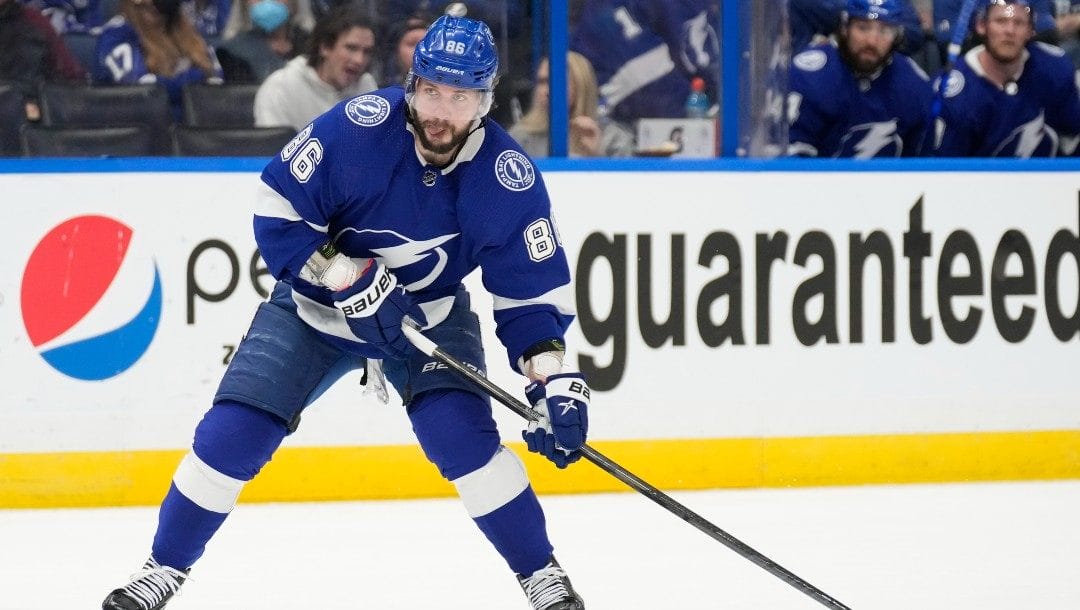 Tampa Bay Lightning right wing Nikita Kucherov (86) shoots against the Edmonton Oilers during the second period of an NHL hockey game Wednesday, Feb. 23, 2022, in Tampa, Fla.