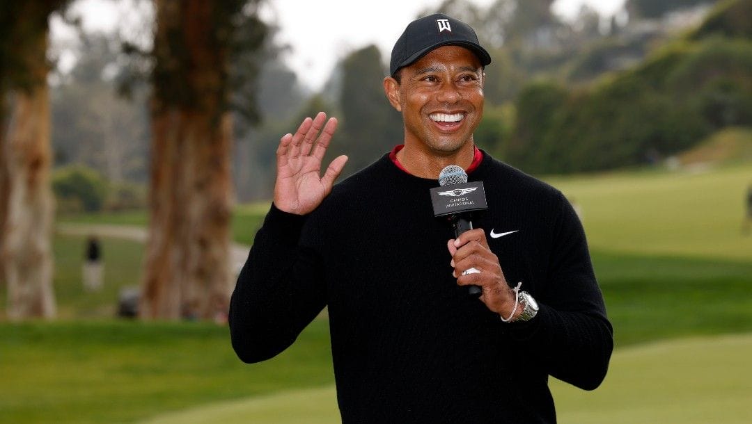 Tiger Woods speaks during the trophy ceremony on the 18th green after the Genesis Invitational golf tournament at Riviera Country Club, Sunday, Feb. 20, 2022, in the Pacific Palisades area of Los Angeles.