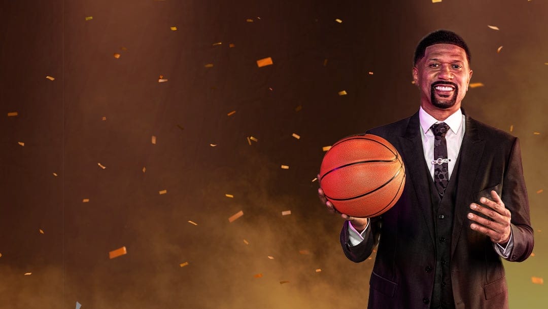 Former NBA player Jalen Rose holding a basketball on a dark, golden background.