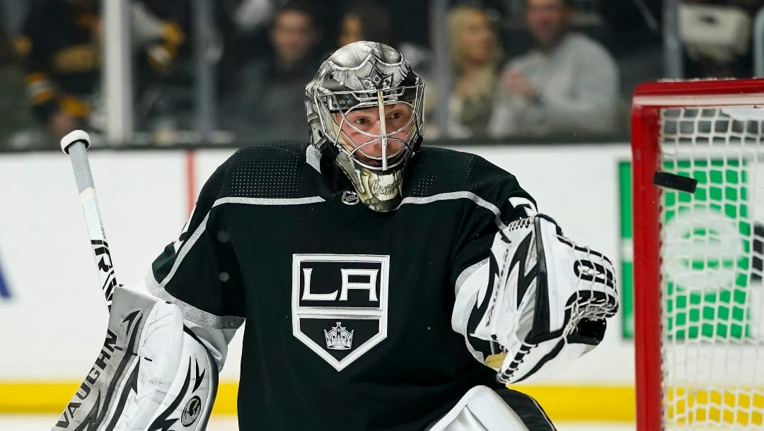 Los Angeles Kings goaltender Jonathan Quick deflects the puck during the first period of an NHL hockey game against the Colorado Avalanche Tuesday, March 15, 2022, in Los Angeles. (AP Photo/Jae C. Hong)