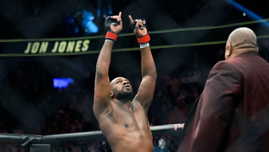 Jon Jones reacts after defeating Ciryl Gane in a UFC 285 mixed martial arts heavyweight title bout Saturday, March 4, 2023.