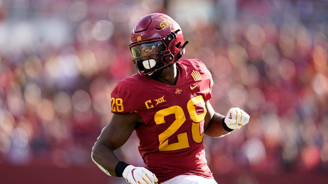 Iowa State running back Breece Hall (28) runs on the field during the first half of an NCAA college football game against Oklahoma State, Saturday, Oct. 23, 2021, in Ames, Iowa. (AP Photo/Charlie Neibergall)