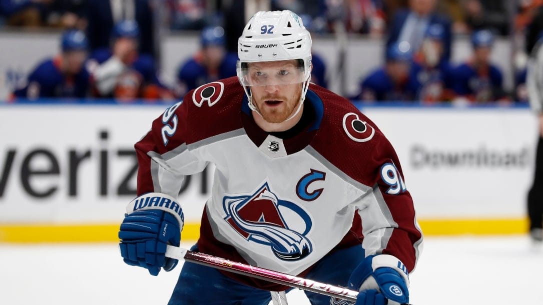 Colorado Avalanche left wing Gabriel Landeskog (92) skates against the New York Islanders during an NHL hockey game on Monday, March 7, 2022, in Elmont, N.Y. (AP Photo/Jim McIsaac)