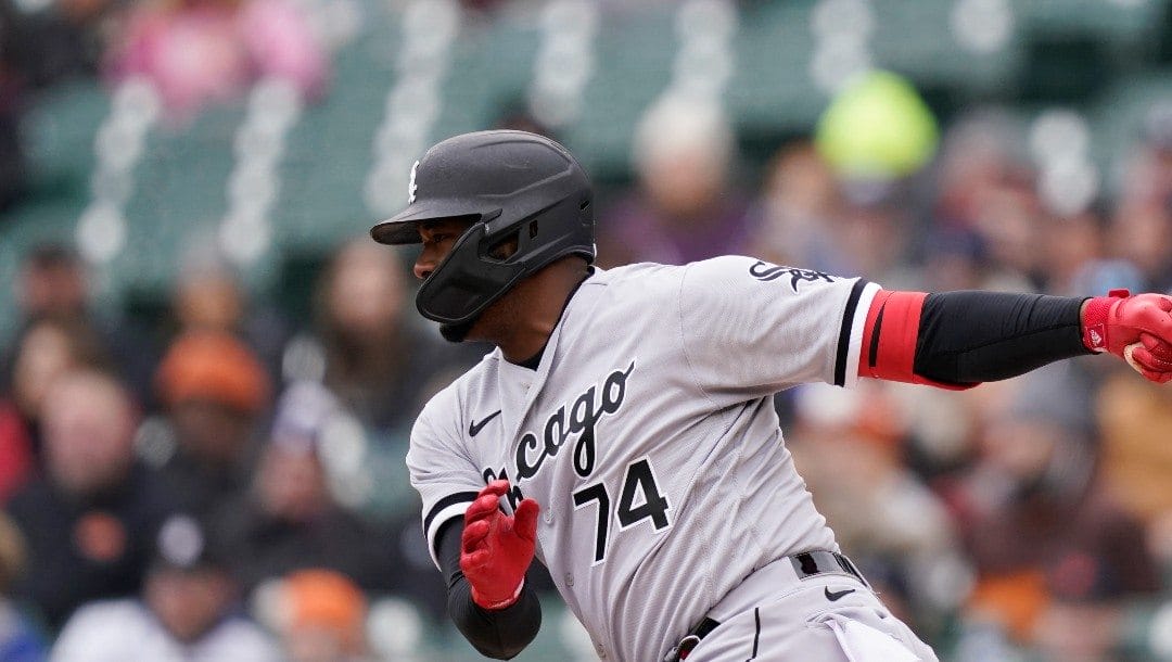 Chicago White Sox's Eloy Jimenez plays during the ninth inning of a baseball game, Saturday, April 9, 2022, in Detroit.
