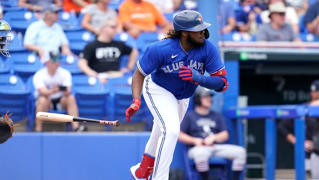 Toronto Blue Jays' Vladimir Guerrero Jr. runs as he grounds out during a spring training baseball game against the Detroit Tigers, Thursday, March 31, 2022, in Dunedin, Fla.