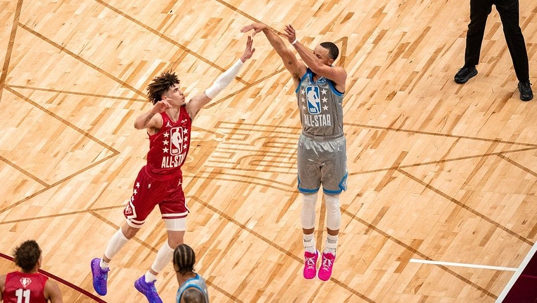 Steph Curry launches a 3-pointer in the NBA All-Star Game.