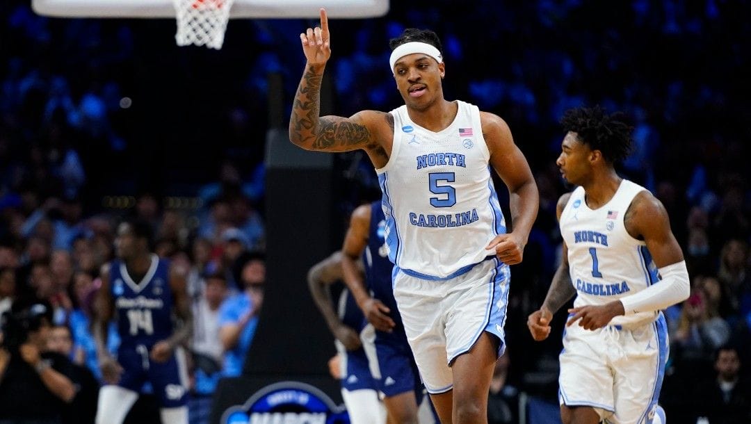 North Carolina's Armando Bacot reacts during the first half of a college basketball game against St. Peter's in the Elite 8 round of the NCAA tournament, Sunday, March 27, 2022, in Philadelphia.