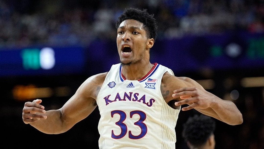 Kansas' David McCormack plays against Villanova during the first half of a college basketball game in the semifinal round of the Men's Final Four NCAA tournament, Saturday, April 2, 2022, in New Orleans.