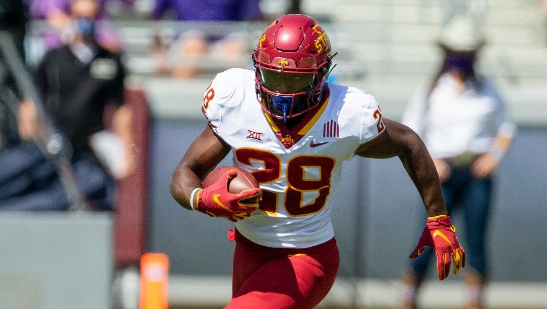 Iowa State running back Breece Hall (28) carries the ball during an NCAA football game against TCU on Saturday, Sept. 26, 2020 in Fort Worth, Texas. Iowa won 37-34.