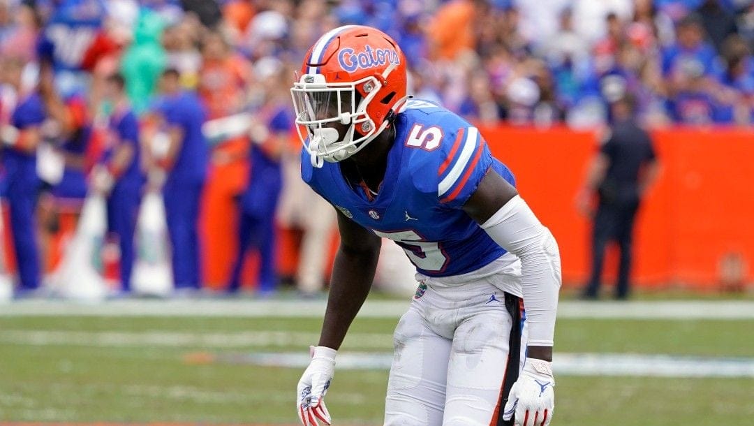 Florida cornerback Kaiir Elam (5) covers a play against Samford during the first half of an NCAA college football game, Saturday, Nov. 13, 2021, in Gainesville, Fla.