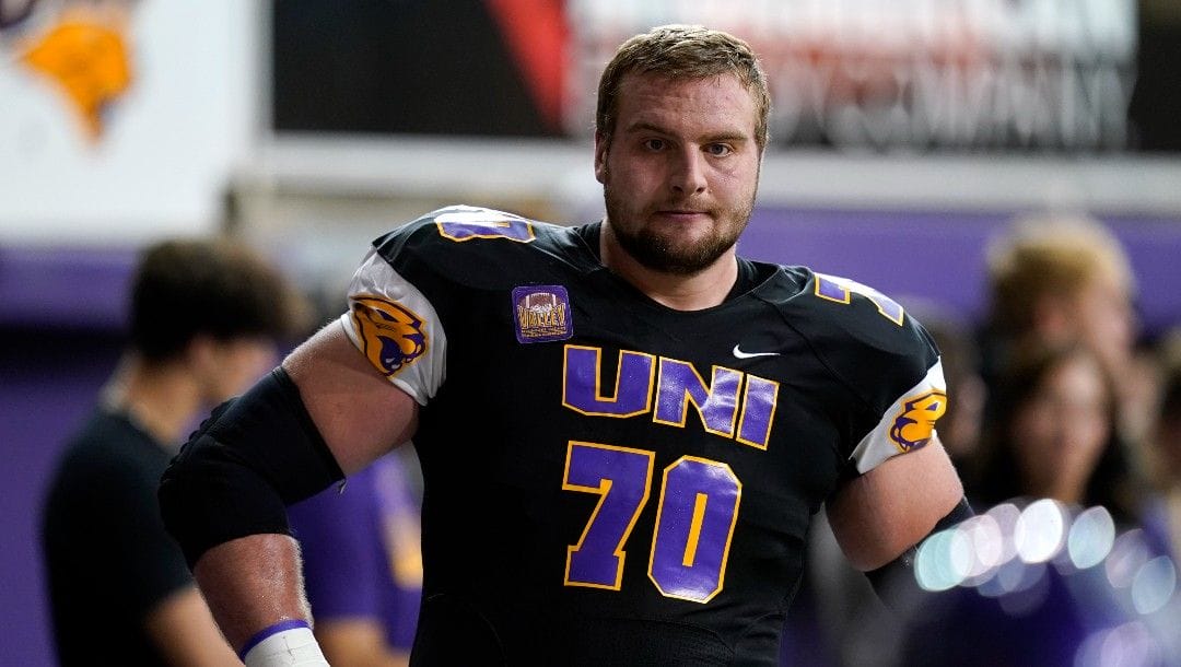 Northern Iowa offensive lineman Trevor Penning (70) warms up before an NCAA college football game against Southern Illinois, Saturday, Oct. 30, 2021, in Cedar Falls, Iowa.