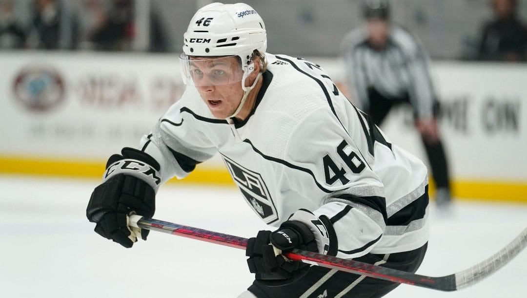 Los Angeles Kings center Blake Lizotte (46) during the first period of an NHL hockey game against the Anaheim Ducks Tuesday, April 19, 2022, in Anaheim, Calif.