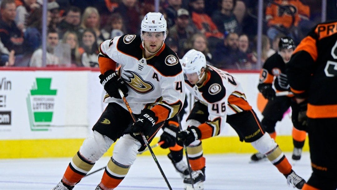 Anaheim Ducks' Cam Fowler in action during an NHL hockey game against the Philadelphia Flyers, Saturday, April 9, 2022, in Philadelphia.