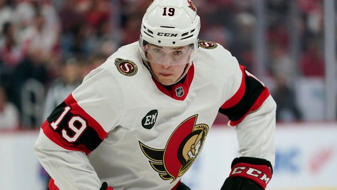Ottawa Senators right wing Drake Batherson (19) plays against the Detroit Red Wings in the first period of an NHL hockey game Tuesday, April 12, 2022, in Detroit.