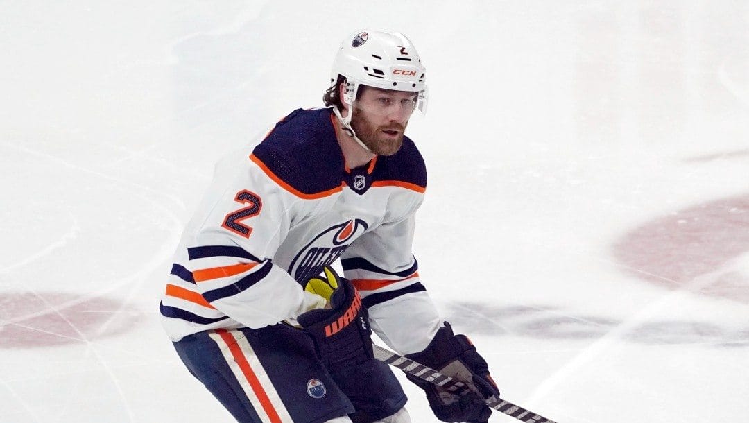 Edmonton Oilers' Duncan Keith (2) plays in an NHL hockey game against the Minnesota Wild, Tuesday, April 12, 2022, in St. Paul, Minn.