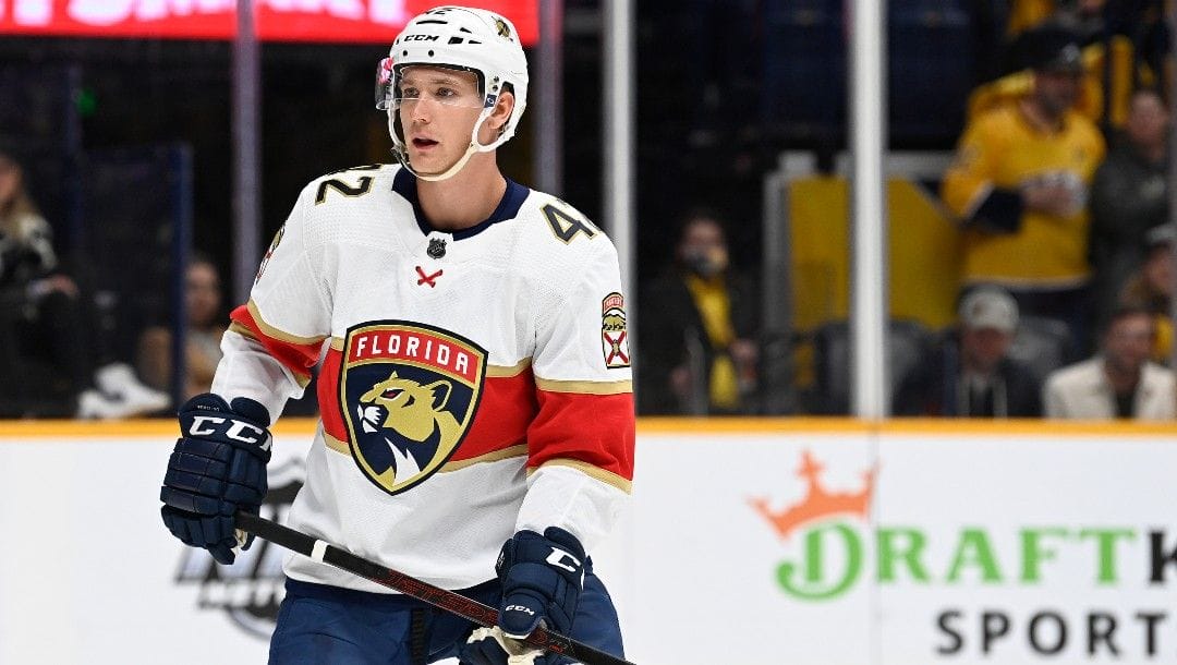 Florida Panthers defenseman Gustav Forsling (42) plays against the Nashville Predators during the second period of an NHL hockey game Saturday, April 9, 2022, in Nashville, Tenn.