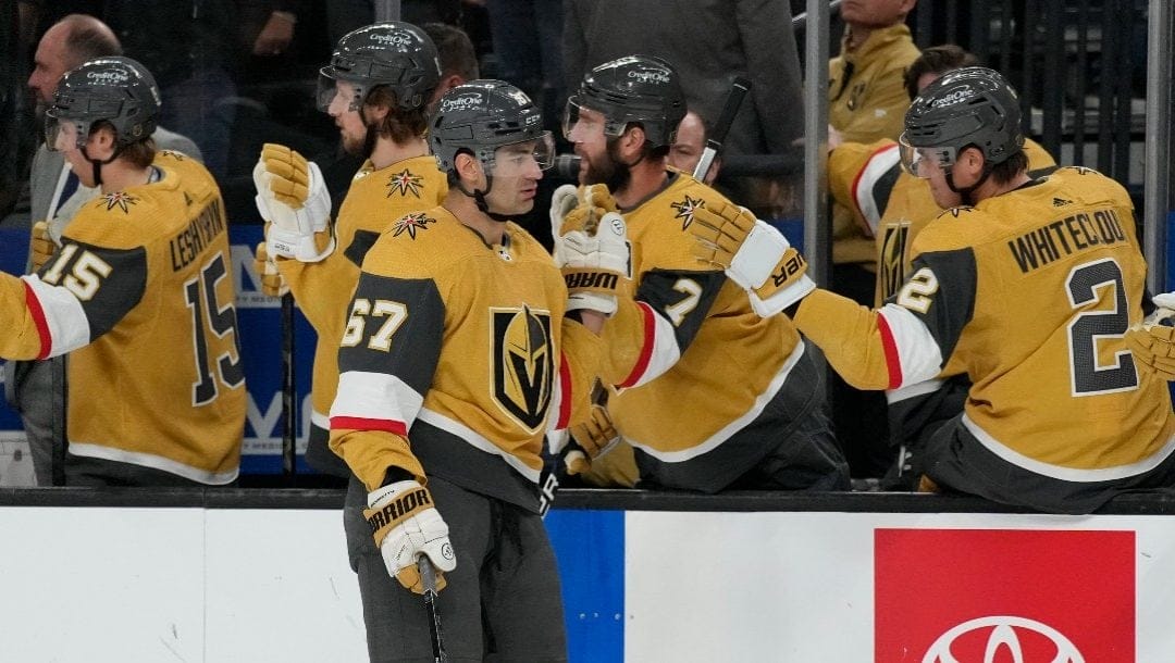 Vegas Golden Knights left wing Max Pacioretty (67) celebrates after scoring against the Arizona Coyotes during the first period of an NHL hockey game Saturday, April 9, 2022, in Las Vegas.