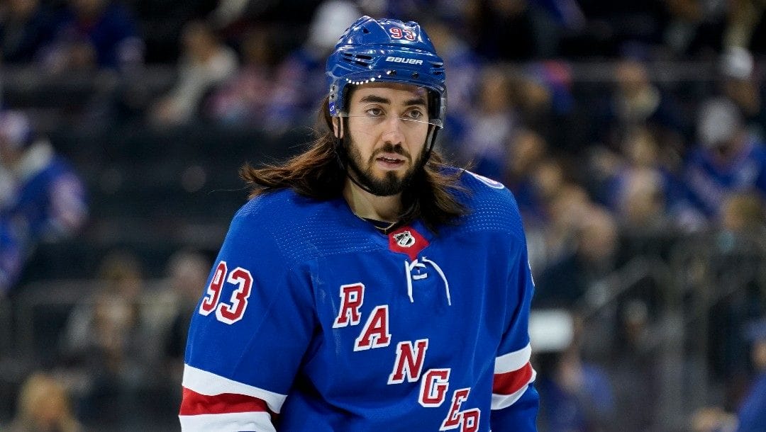 New York Rangers center Mika Zibanejad (93) skates the ice during the first period of an NHL hockey game against the New York Islanders, Friday, April 1, 2022, in New York.