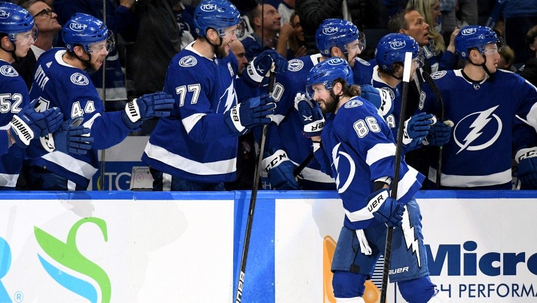 Tampa Bay Lightning right wing Nikita Kucherov (86) celebrates his first period goal during an NHL hockey game against the Toronto Maple Leafs Monday, April 4, 2022, in Tampa, Fla.