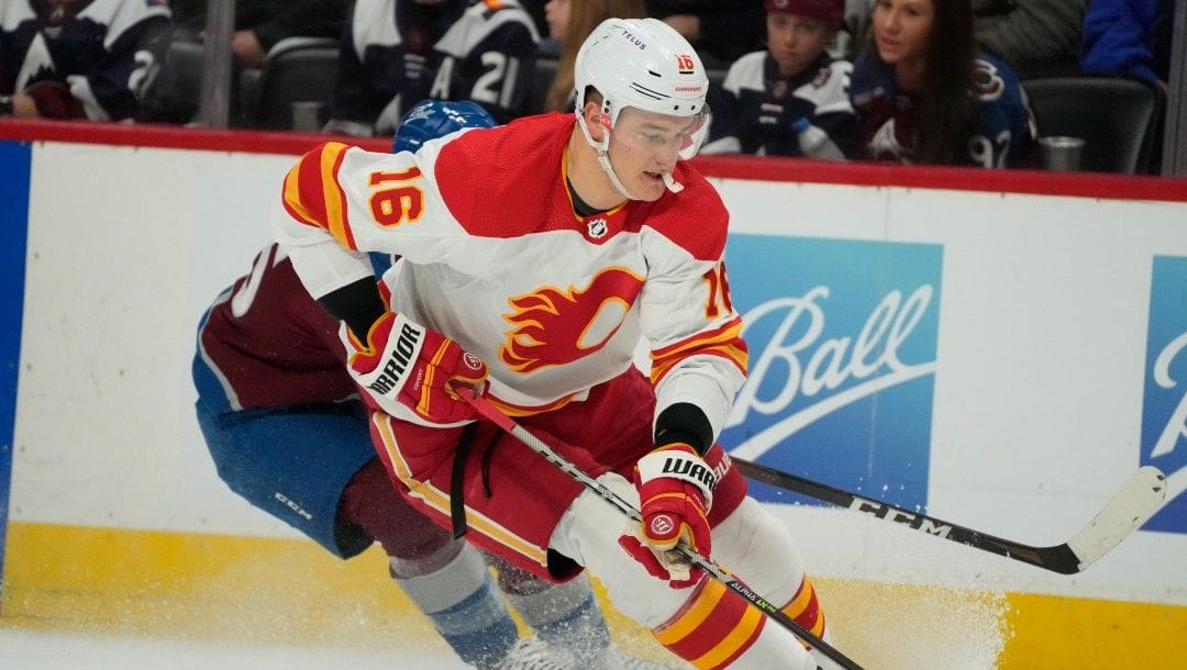 Calgary Flames defenseman Nikita Zadorov (16) in the third period of an NHL hockey game Sunday, March 13, 2022, in Denver.