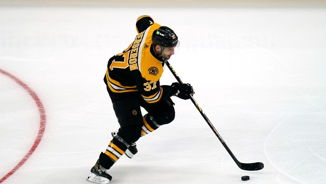Boston Bruins center Patrice Bergeron (37) during an NHL hockey game, Tuesday, April 12, 2022, in Boston.