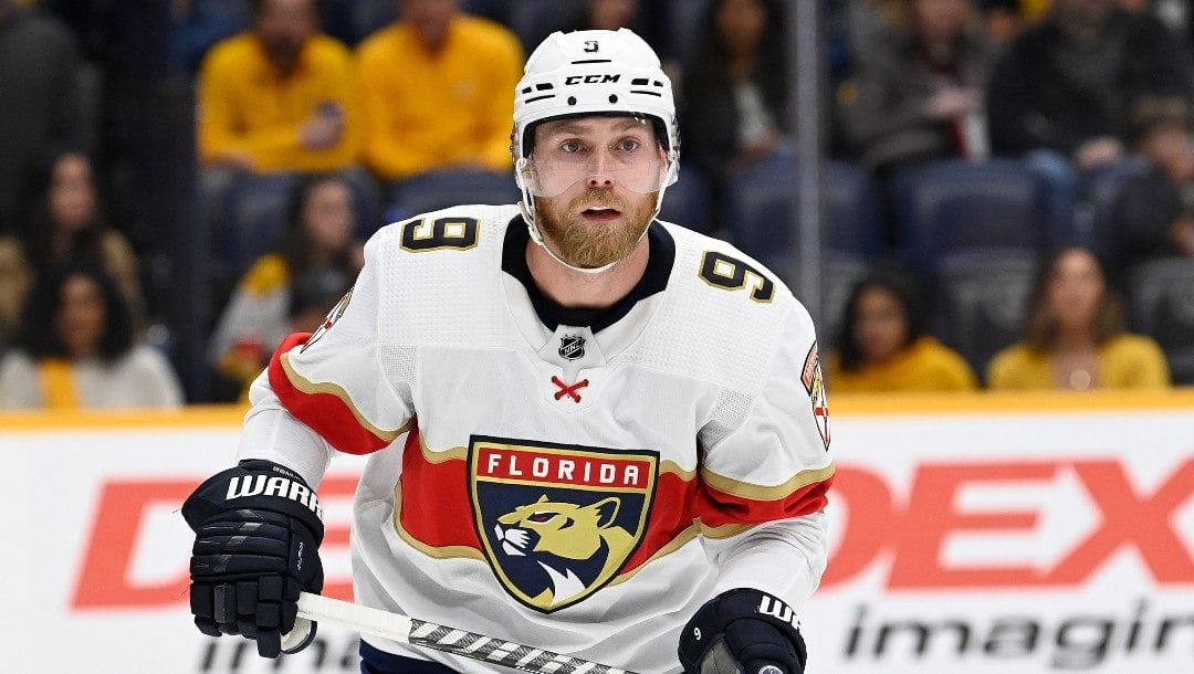 Florida Panthers center Sam Bennett (9) plays against the he Nashville Predators during the second period of an NHL hockey game Saturday, April 9, 2022, in Nashville, Tenn.