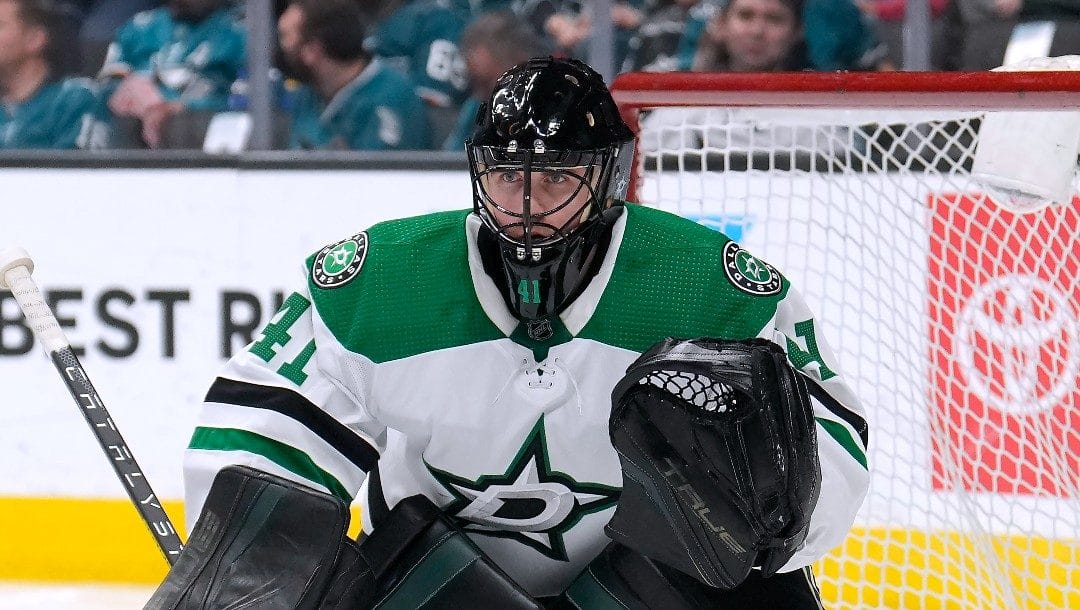 Dallas Stars goaltender Scott Wedgewood (41) plays against the San Jose Sharks during an NHL hockey game Saturday, April 2, 2022, in San Jose, Calif.