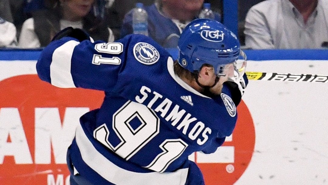 Tampa Bay Lightning center Steven Stamkos (91) during an NHL hockey game Tuesday, April 26, 2022, in Tampa, Fla.