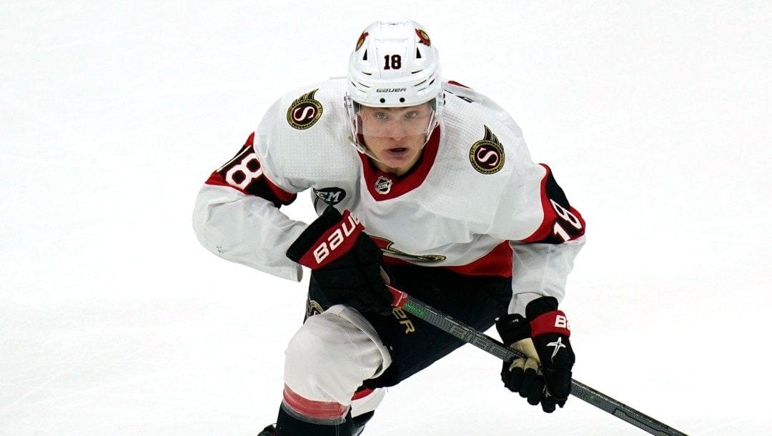 Ottawa Senators left wing Tim Stützle (18) during an NHL hockey game, Friday, April 15, 2022, in Boston.
