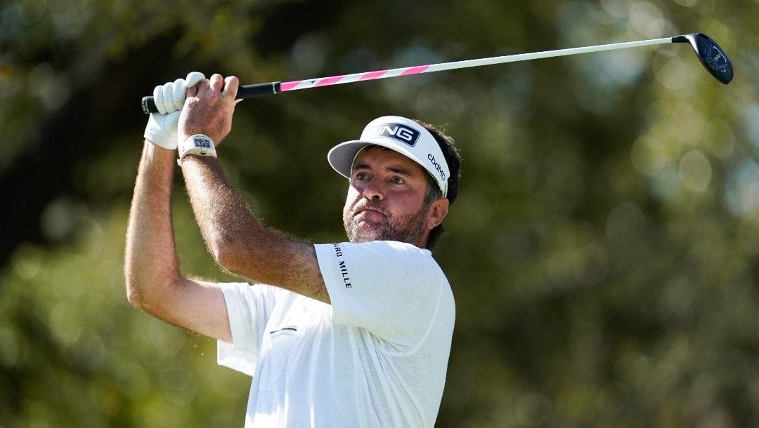Bubba Watson watches his shot from the tenth tee during the third round of the Dell Technologies Match Play Championship golf tournament, Friday, March 25, 2022, in Austin, Texas.