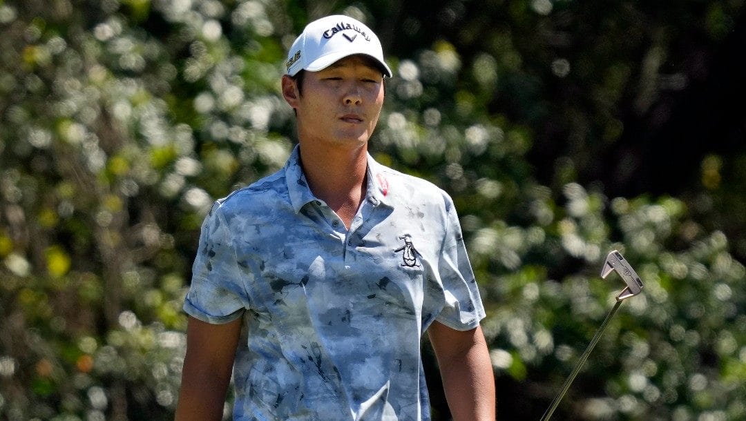 Danny Lee, of New Zealand, reacts after missing a birdie putt on the seventh hole during the first round of the Valspar Championship golf tournament Thursday, March 17, 2022, in Palm Harbor, Fla.