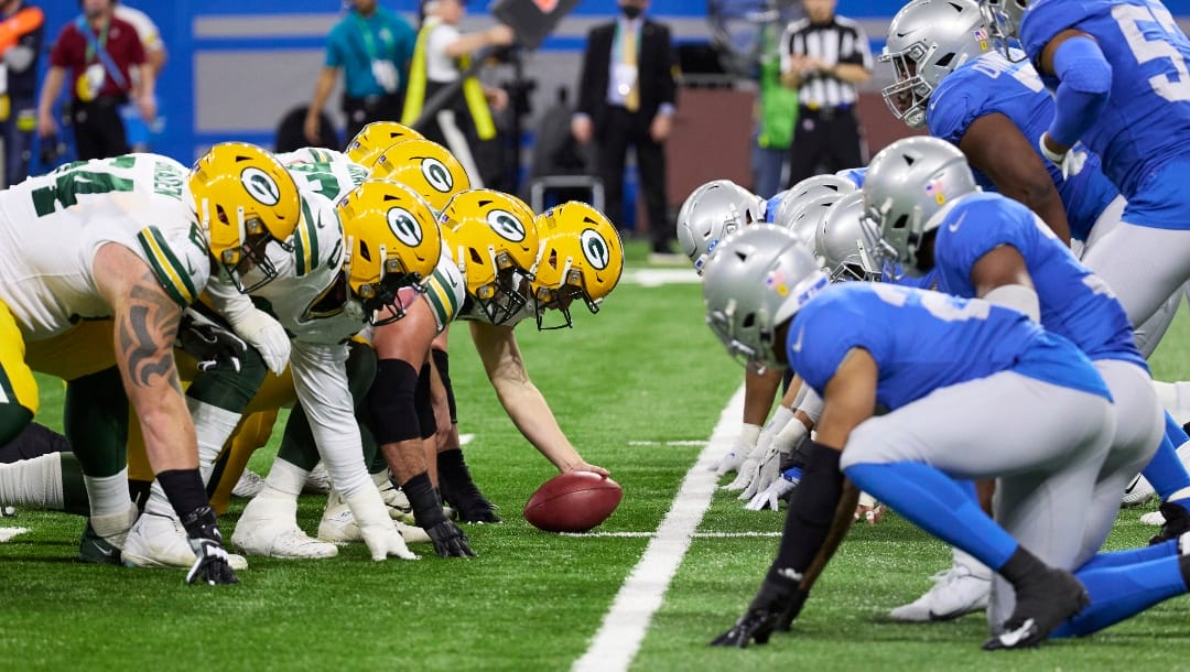 Line of scrimmage during an NFL football game between Green Bay Packers and Detroit Lions, Sunday, Jan. 9, 2022, in Detroit. (AP Photo/Rick Osentoski)
