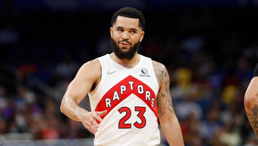 Toronto Raptors guard Fred VanVleet (23) reacts during the first half of an NBA basketball game against the Orlando Magic Friday, April 1, 2022, in Orlando, Fla. (AP Photo/Scott Audette)