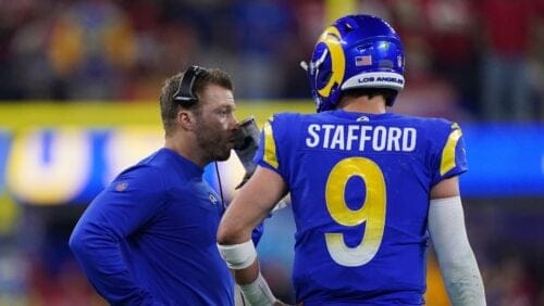 Los Angeles Rams head coach Sean McVay talks with quarterback Matthew Stafford (9) against the San Francisco 49ers during the NFL NFC Championship game, Sunday, Jan. 30, 2022 in Inglewood, Calif. The Rams defeated the 49ers 20-17. (AP Photo/Doug Benc)