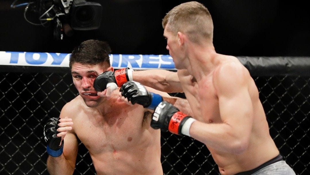 Stephen Thompson, right, punches Vicente Luque during the second round of a welterweight mixed martial arts bout at UFC 244, Saturday, Nov. 2, 2019, in New York. Thompson won the fight.