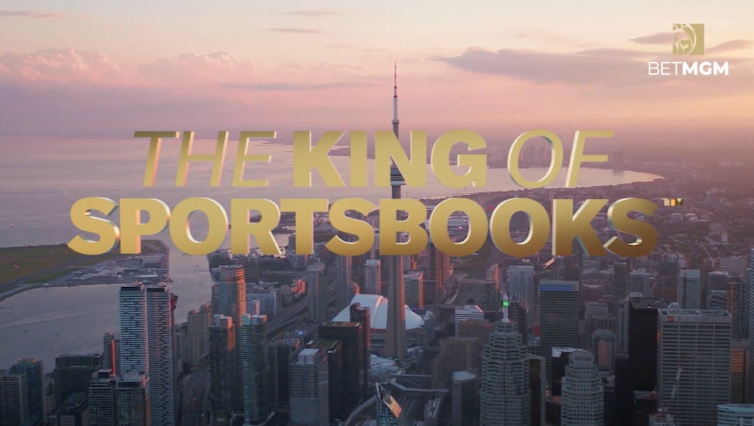 Text "The King of Sportsbook" over a panoramic picture of Toronto