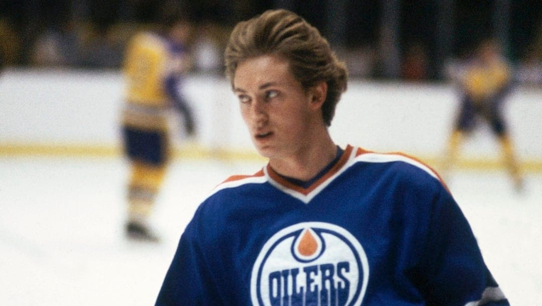 Wayne Gretzky (99) of the Edmonton Oilers is shown during pre-game warmups, March 10, 1982 during game with Los Angeles Kings. (AP Photo/Reed Saxon)