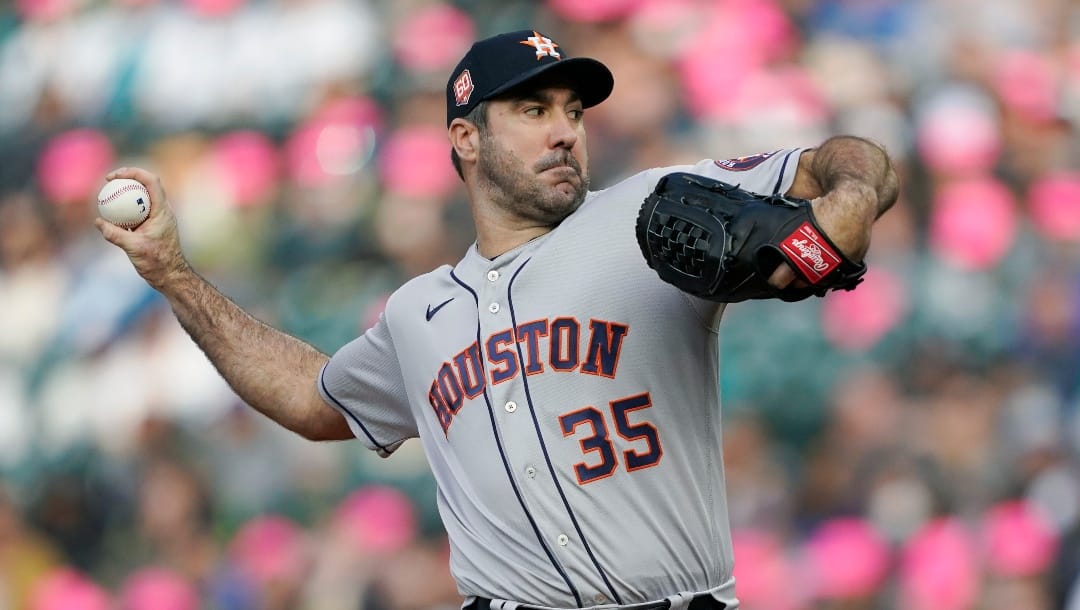 Houston Astros starting pitcher Justin Verlander throws to a Seattle Mariners batter during the first inning of a baseball game Friday, May 27, 2022, in Seattle. (AP Photo/Ted S. Warren)