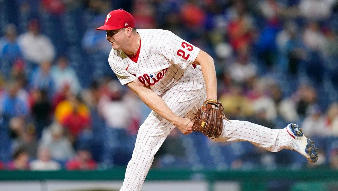 Philadelphia Phillies' Corey Knebel pitches during the ninth inning of a baseball game against the San Diego Padres, Wednesday, May 18, 2022, in Philadelphia.