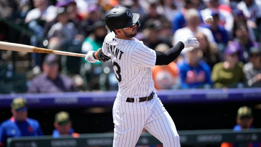 Colorado Rockies' Kris Bryant in the first inning of a baseball game Sunday, May 22 2022, in Denver.