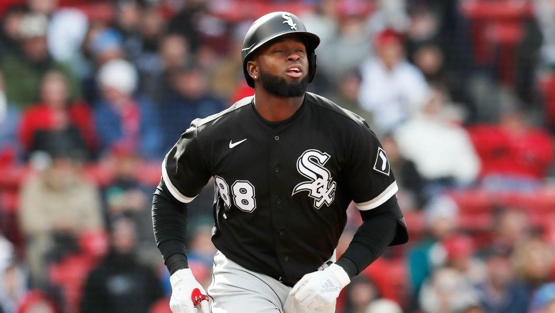 Chicago White Sox's Luis Robert plays against the Boston Red Sox during the first inning of a baseball game, Saturday, May 7, 2022, in Boston.