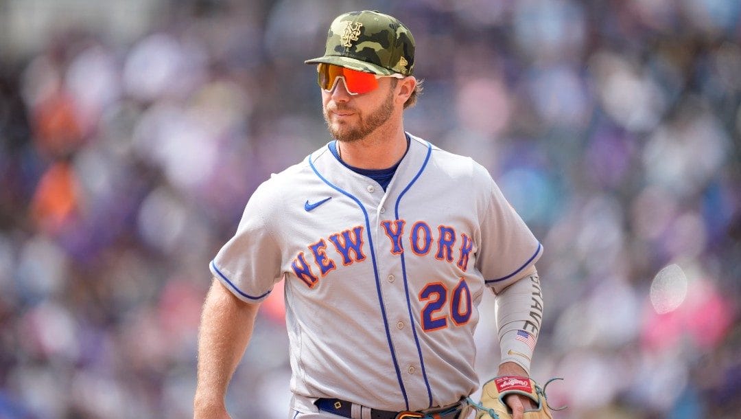 New York Mets designated hitter Pete Alonso (20) in the eighth inning of a baseball game Sunday, May 22 2022, in Denver.