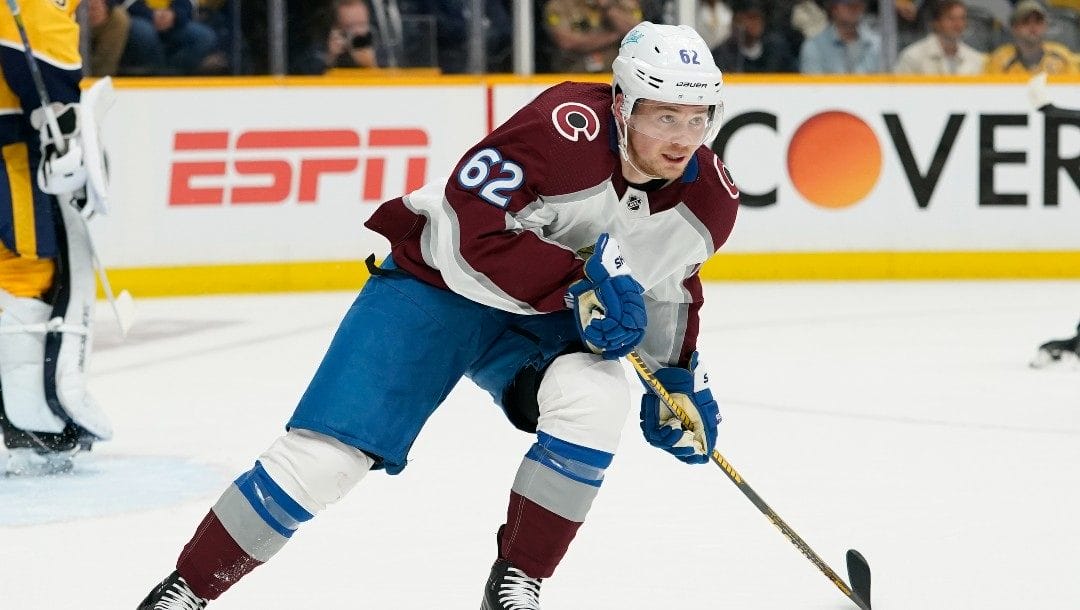 Colorado Avalanche left wing Artturi Lehkonen (62) plays against the Nashville Predators during the first period in Game 4 of an NHL hockey first-round playoff series Monday, May 9, 2022, in Nashville, Tenn.