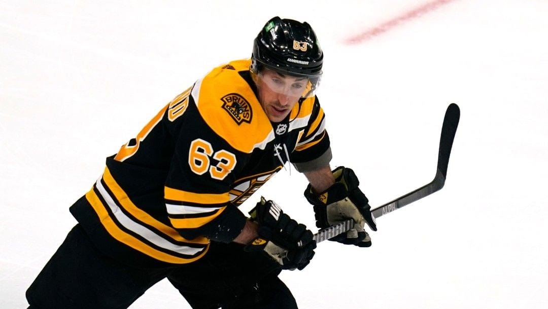 Boston Bruins left wing Brad Marchand (63) during an NHL hockey game, Tuesday, April 26, 2022, in Boston.