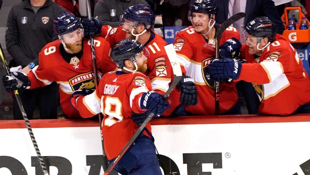 Florida Panthers right wing Claude Giroux (28) celebrates after scoring a goal during the third period of Game 5 of the first round of the NHL Stanley Cup hockey playoffs, Wednesday, May 11, 2022, in Sunrise, Fla. The Panthers won 5-3.
